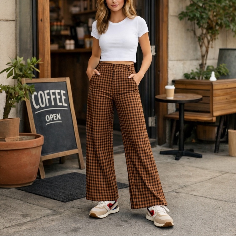 Free People High Rise Flare Mott Street trousers 0 brown black gingham $128